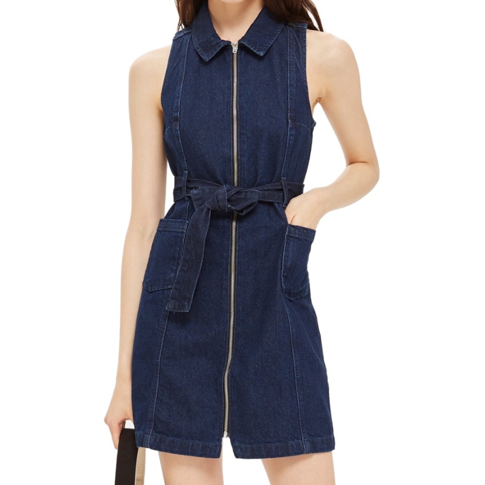 Topshop Denim Belted Zip Up Dress